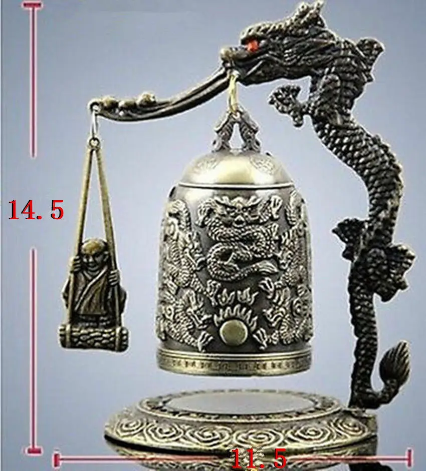 Exquisite handmade Tibet Bronze style Carved Dragon & buddha Bell with box