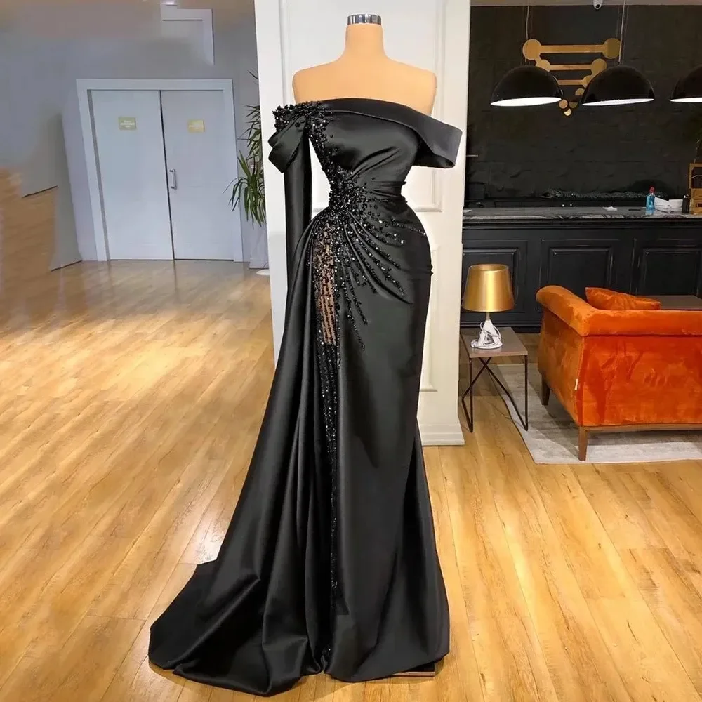 Black Satin Elegant Mermaid Evening Dresses One Shoulder prom Gown Sequins Beads Ruffles Split Side Dress For Party