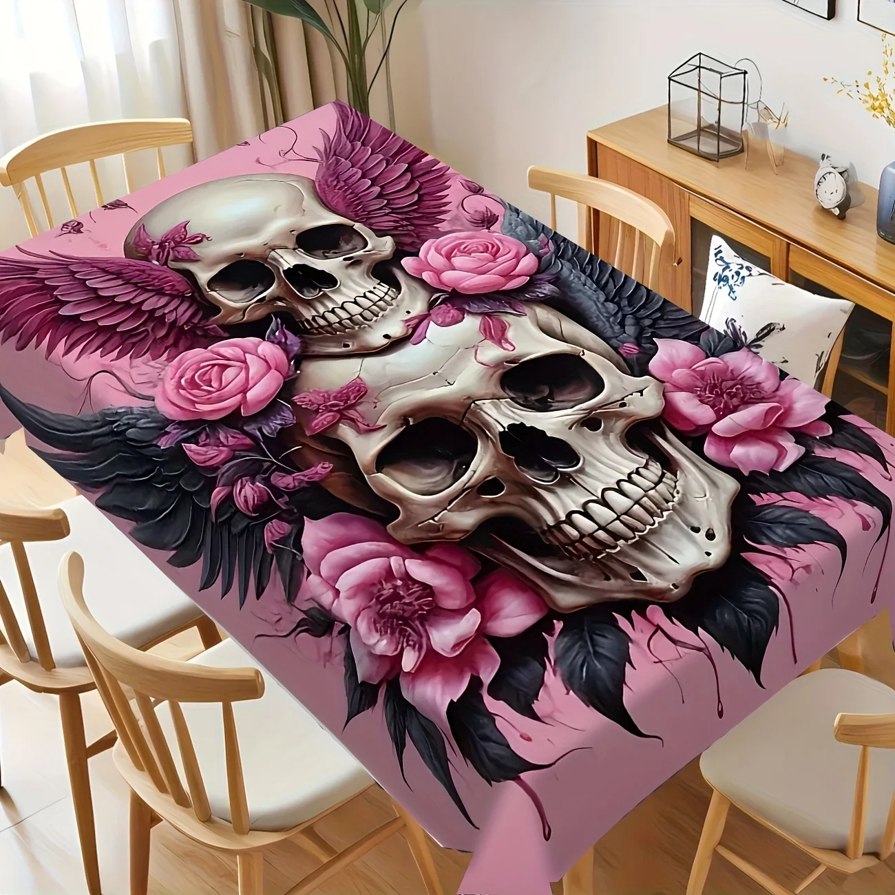 JIT-1pc Romantic Atmosphere Flower Skull Pattern Restaurant Kitchen Tablecloth.PMJ