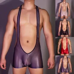 Body para hombre, mono brillante, bolsa convexa en U, alta elasticidad, ajustado, sin mangas, lencería sin espalda, ropa interior transparente