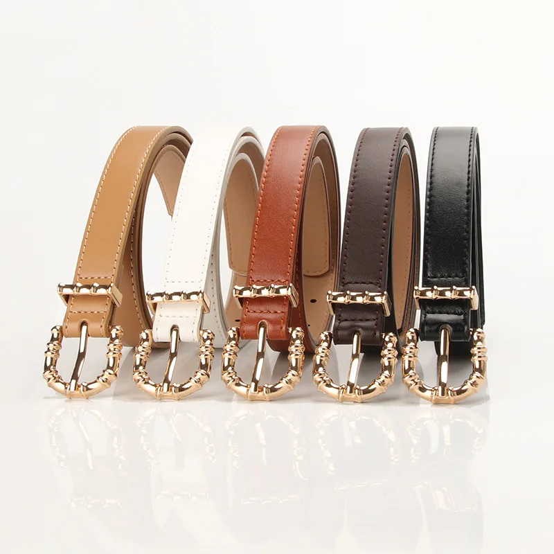 New Ladies Bamboo Alloy Pin Buckle Belts Casual Versatile Pu Thin Belt Clothing with Belt Jeans Belt