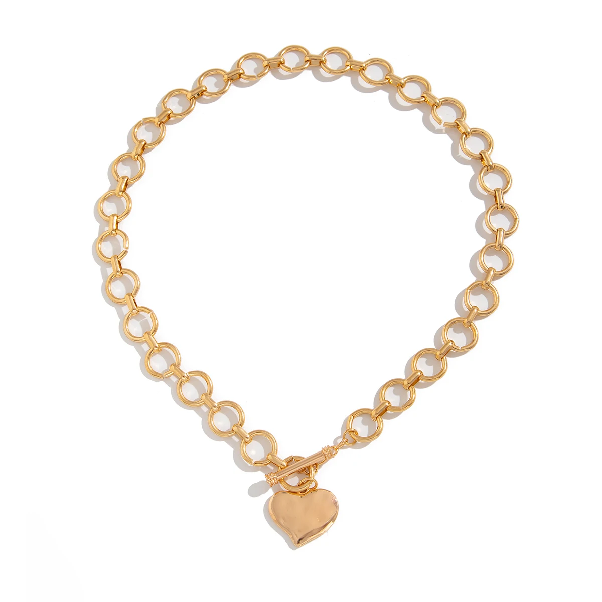 Lacteo Vintage Gold Color Circular Iron Chain Necklace For Women Daily Versatile Chunky Thick Heart Shaped OT Buckle Pendant New