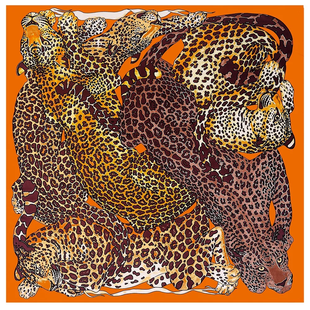 POBING Silk Scarf Women Large Shawls Leopard Print Square Bandana Luxury NecKerchief Muslim Hijab Scarf Female Foulards 130CM