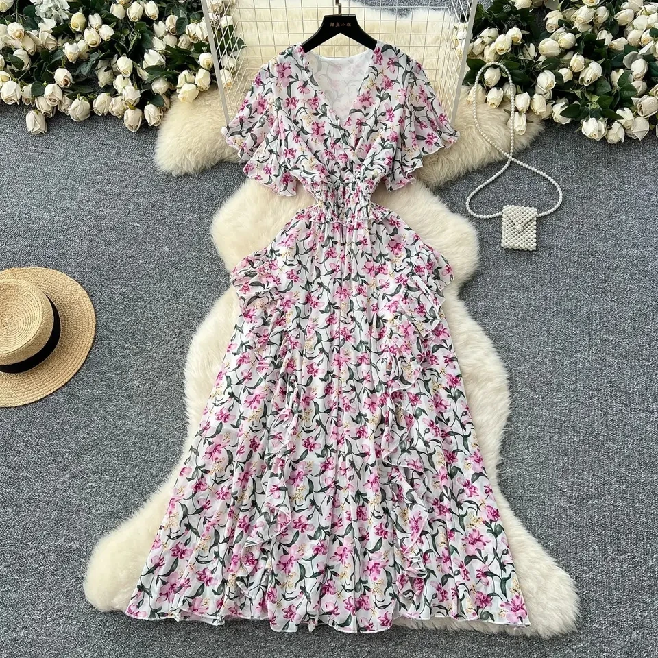 

French Style Cross V-neck Short Sleeved Waist Cinched Ruffle Floral Dress for Women Summer Slimming and Elegant Long Dress