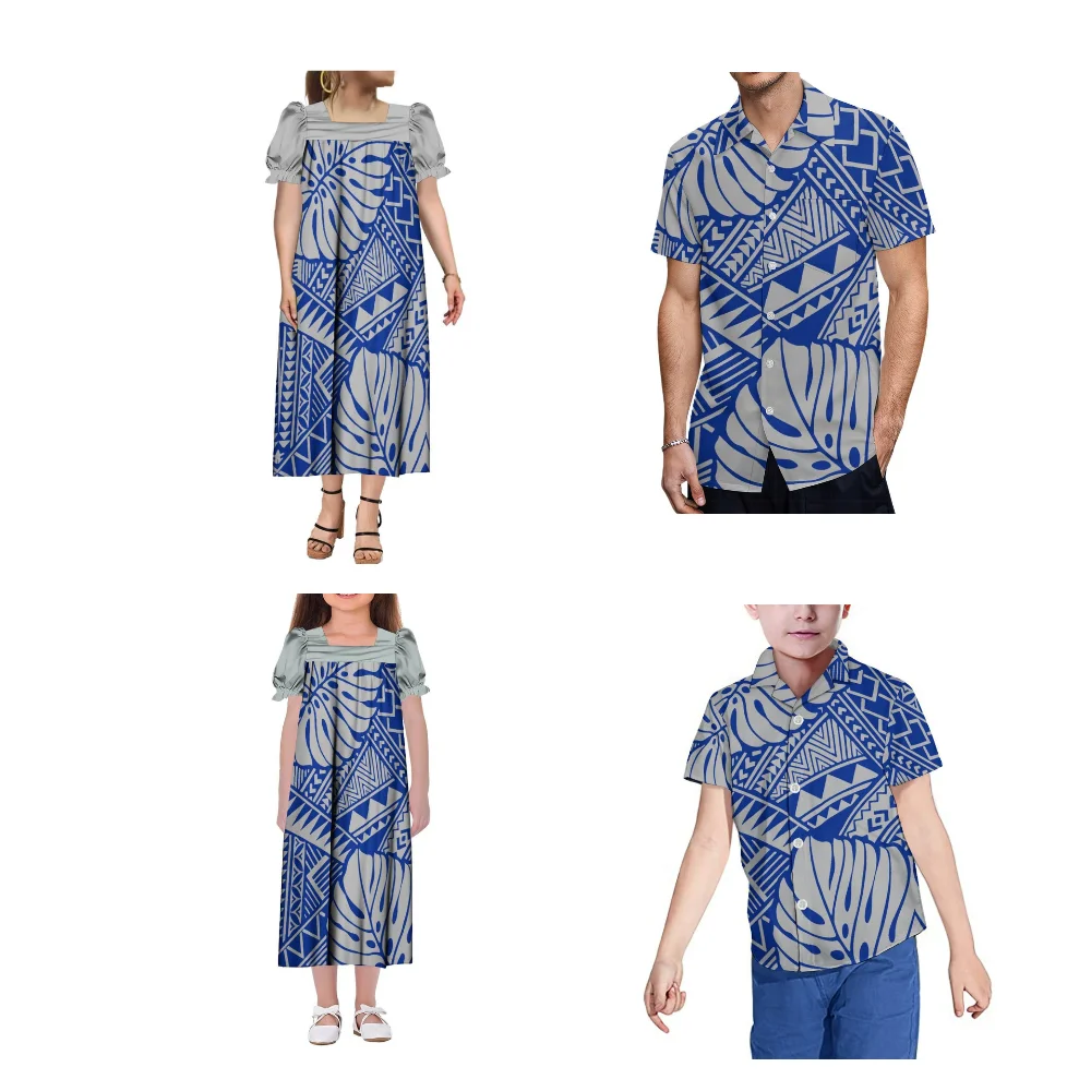 Samoa Island Art Family Clothing Custom Wholesale Polynesian Traditional Print Mom Daughter Mumu Dress Dad Son Pocket Shirt