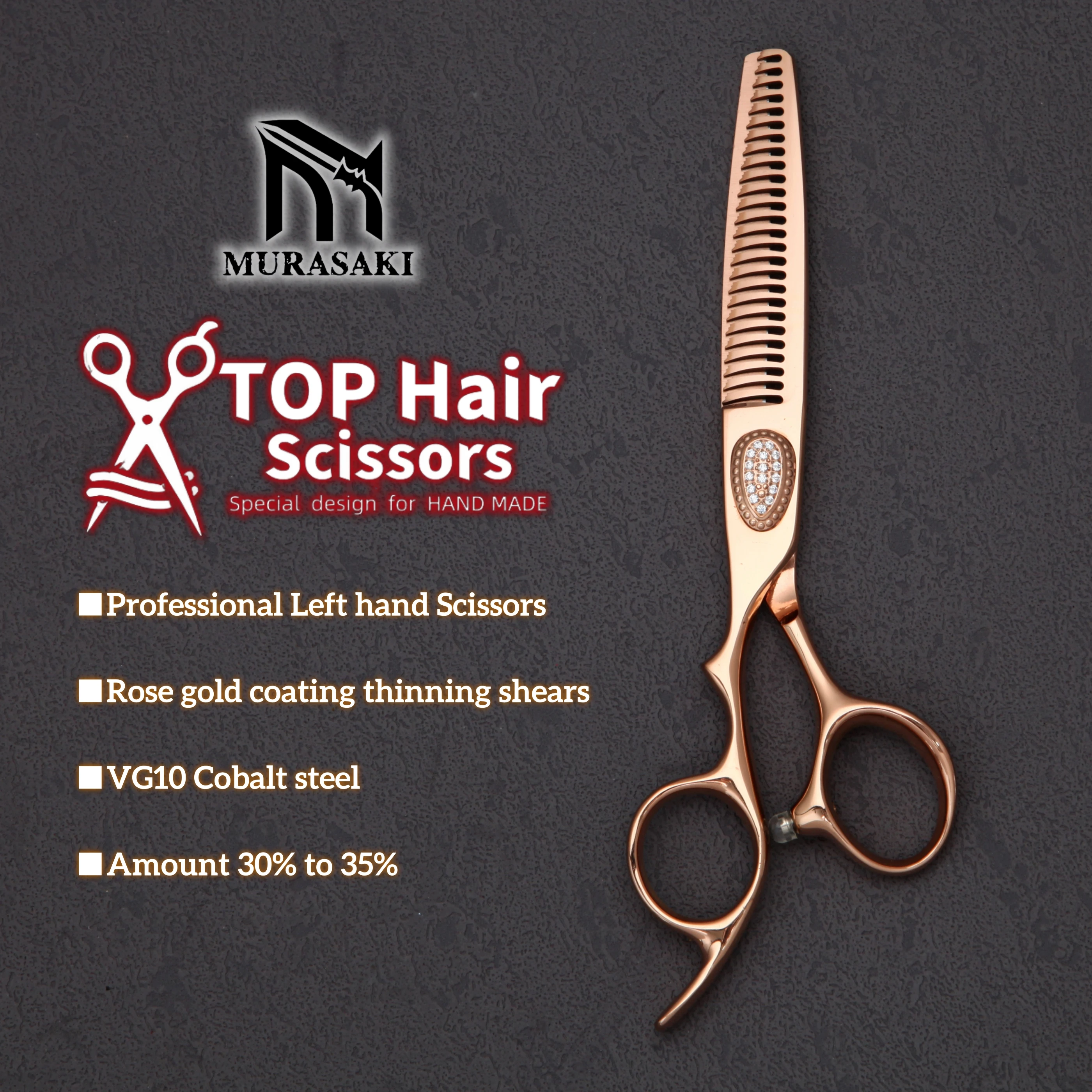 MURASAKI Professional Left Hand Scissors, VG10 Steel Hair Thinning Shears, 6.0 Inch Rose Gold Coating, Top-Level Hair Cutting To