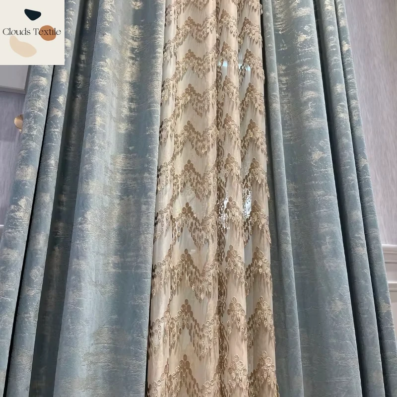 

European Embroidery Luxury Curtains for Living Dining Room Bedroom High-grade Leaves Embossed Simple Pearl Curtains Customize