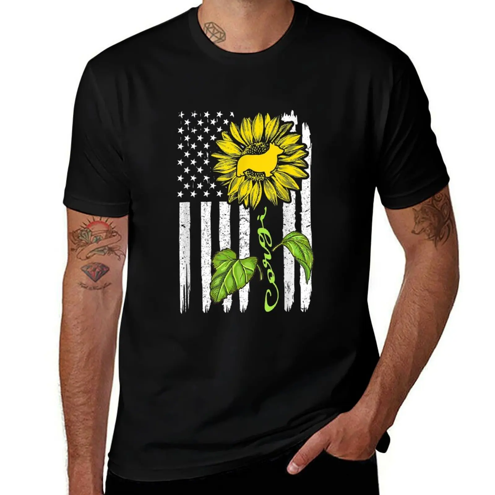 Corgi Dog American Flag And Sunflower Gift T-Shirt Basic Plain Short Sleeve Crew Neck Tee T-Shirt