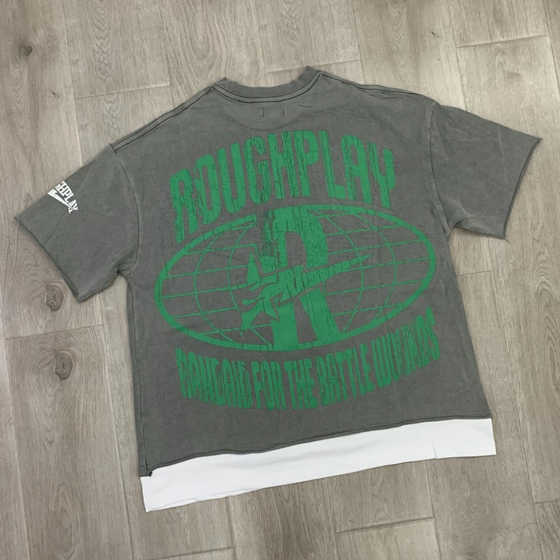 American Retro Patchwork Streetwear RoughPlay Top Tee Summer High Quality Wash Hot Diamond Logo Skull Print ROUGHPLAY T-shirts