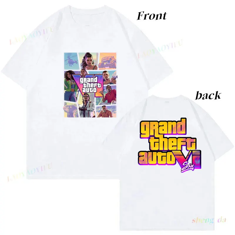 تي شيرت Grand Theft Auto VI GTA6 تي شيرت Vice City مزدوج الجانب مطبوع قطن جرافيك تي شيرت ألعاب عاشق للجنسين ملابس Harajuku تي شيرت