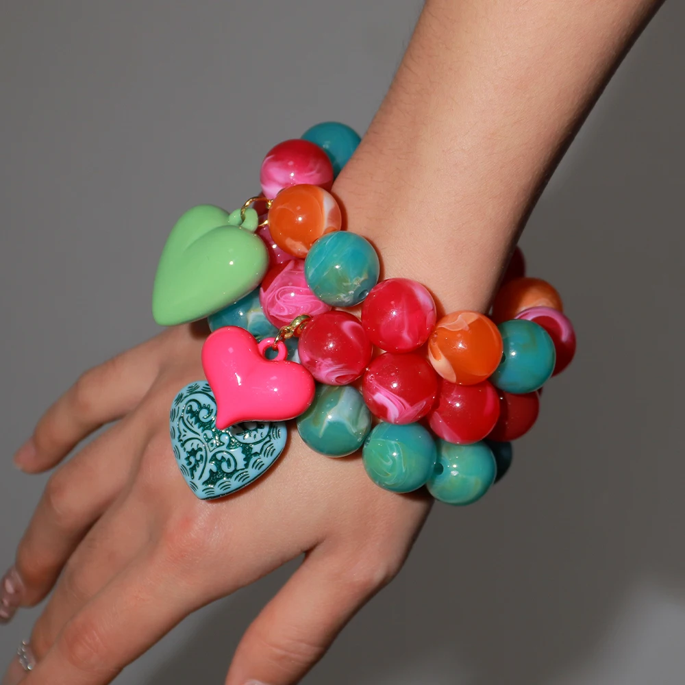 Boho Bunte Runde Perlen Herz-Anhänger Elastische Armbänder Mode Geometrische Perlenarmband Damen Schmuck Geschenke – Detail 4