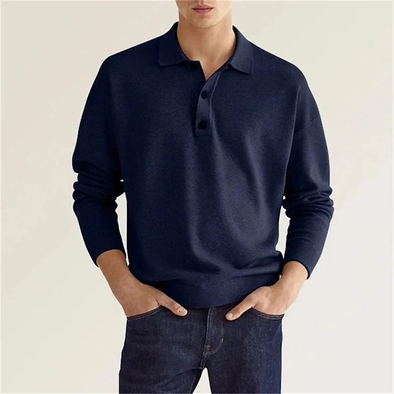 Men\'s Long Sleeve POLO Shirt Solid Color Lapel Button Office Commuter Business Casual Pullover Fashion Sports T-shirt S-3XL