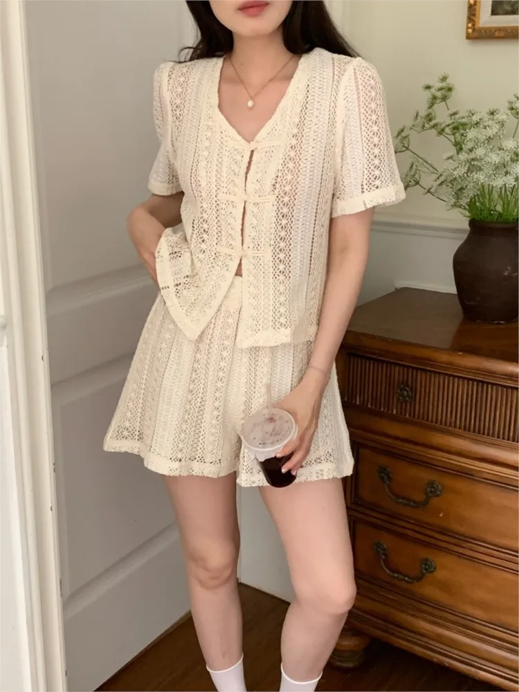 

Summer Casual Hollow Out Two-piece Clothing Set Women V-neck Cropped Top + Solid Shorts Korean Chic Elegant Lady Outfits New