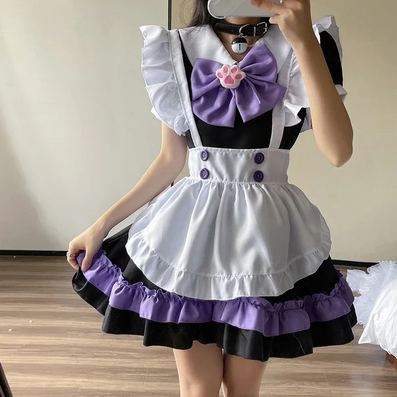 ロリータのコスプレ衣装,女性用,ピンクのメイドエプロン,蝶ネクタイ,猫,女の子,ハロウィーンのドレス,パーティー,カワイイ,mn8