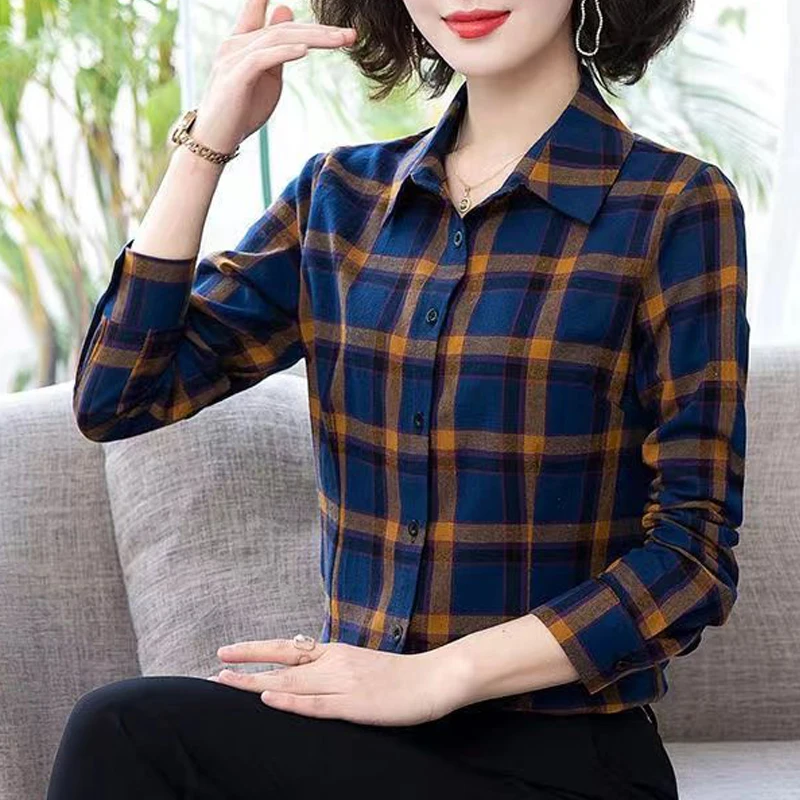 New Women Vintage Classic Plaid Elegant All Match Button Shirts Spring Autumn Fashion Office Lady Basic Blouses Long Sleeve Tops