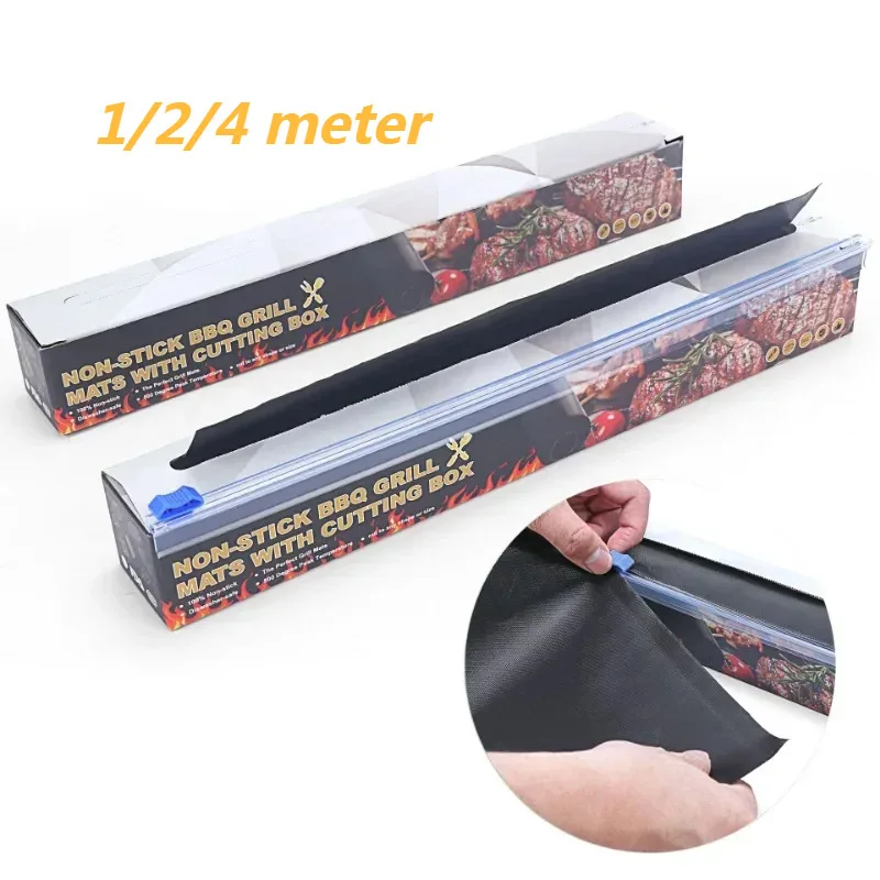 

1/2/4 Meter Non-stick BBQ Grill With Cutting Box Baking Mat Cooking Grilling Sheet Heat Resistance Easily Cleaning Kitchen