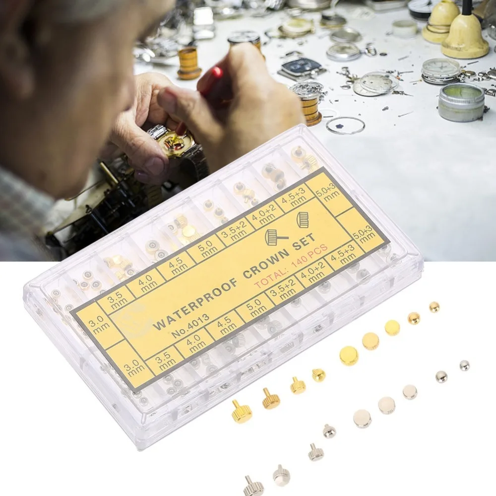 Juego de piezas de corona de reloj de cobre portátil, cúpula dorada, cúpula plateada, surtido de corona de reloj, relojero de repuesto