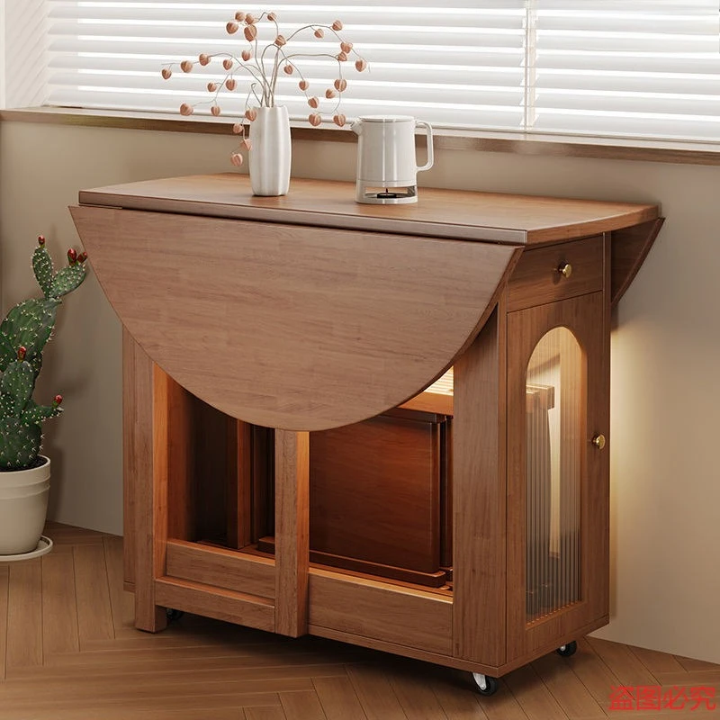 

Solid wood folding round table Small apartment dining table Household dining Movable eating table Multifunctional round