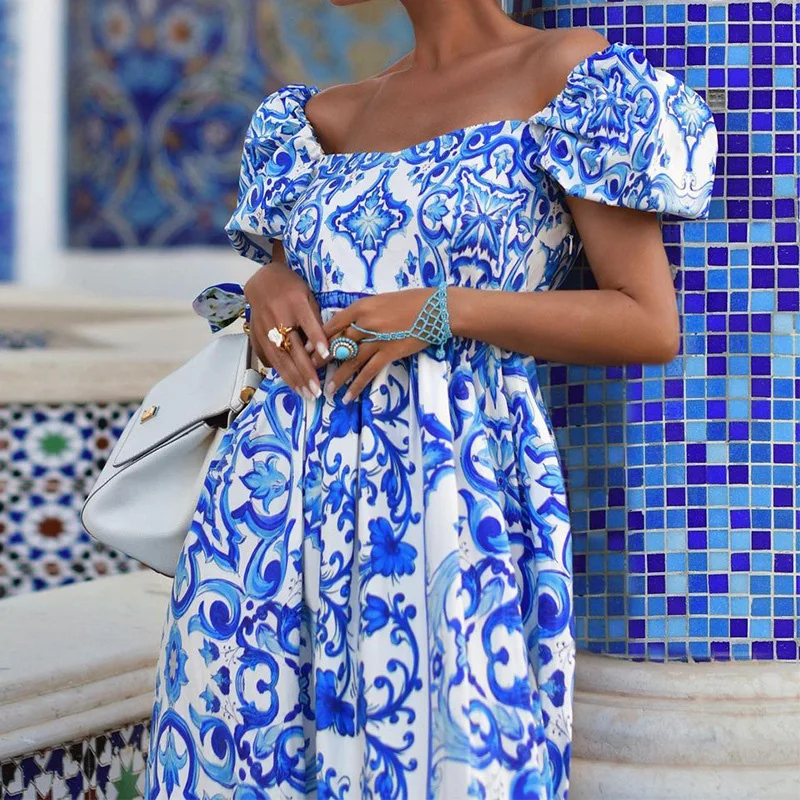 Vestido de noche plisado con espalda descubierta y cintura estampada de verano, vestidos largos bohemios para mujer, vestido largo elegante de