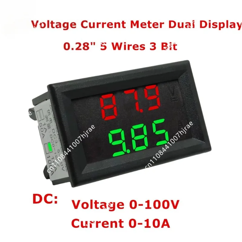 0.28 Inch Dual Display DC 100V 10A Digital Volt Amp Meter Red Green Blue LED Car Voltage Current Monitoring Gauge