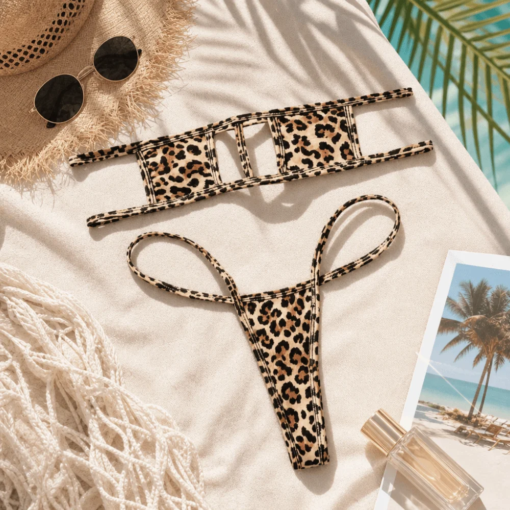 Beach Suit Leopard Print Bikini Set Hollowed Out Lingerie Women 2 Pieces Set Thong Beach Wear Honeymoon