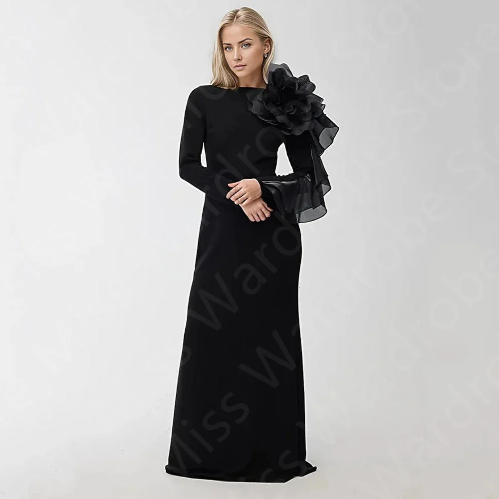 

Customized 2025 Latest Black Evening Dresses Mermaid Prom Party Gowns Long Sleeves Wedding Guest Dresses Flowers Floor Length
