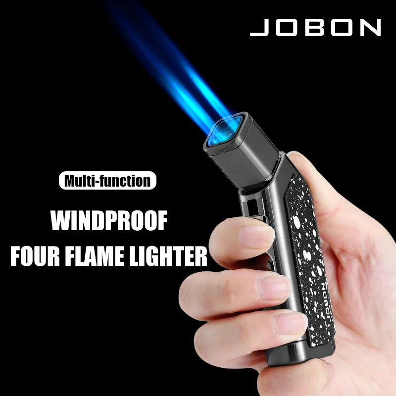 

JOBON Four Blue Flame Gun Lighter Bottom 8MM Cigar Drill Visual Gas Window Multifunctional Use Ignition Tools