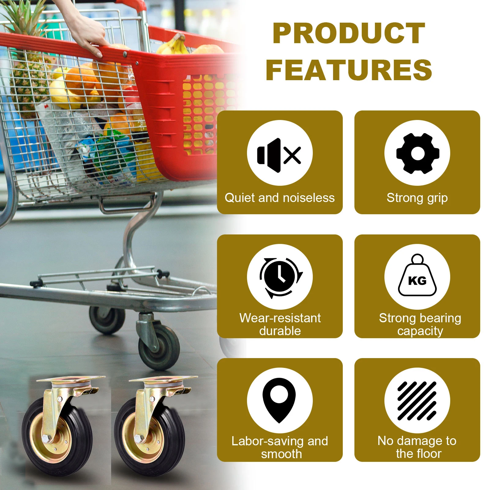 Heavy Duty Caster Wheels 8 Inch Industrial Casters 4 Pieces Castor Wheels, 360 Degrees Rotation,Castors for Cart Workbench