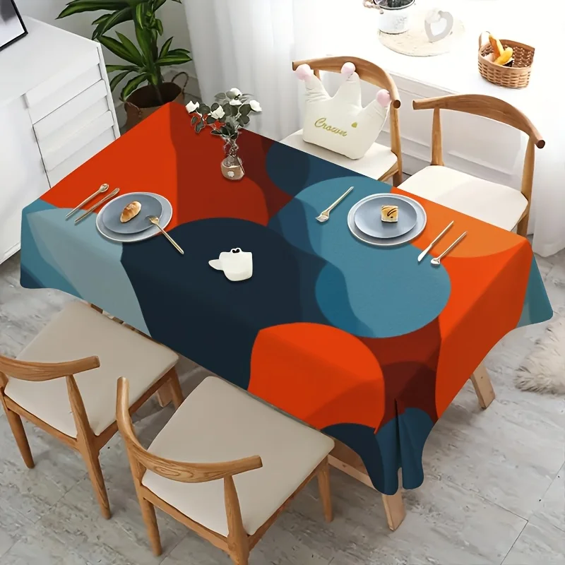 Mid Century Abstract Tablecloth, Red Blue Orange Curved Block Print, Rectangular Table Cover for Dining Kitchen Home Decor