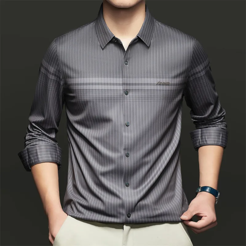 

Understated Luminosity Men Classical Stripe Shirts Gray Blue Tops Business Casual Attire Comfort & Style Attire Effortless Look