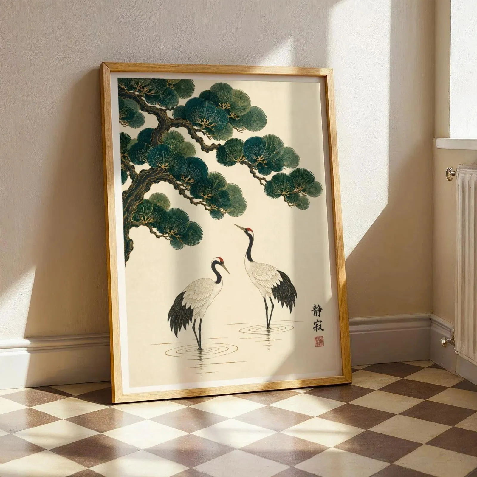Retro Japanese Crane Bird Wall Art Poster Vintage Red Crowned Cranes Pine Tree Wall Art for Living Room and Bedroom Decorations