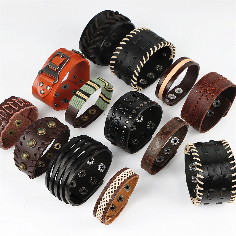 Bracelets à boutons en métal en cuir punk pour hommes et femmes, bijoux faits à la main, accessoires de bracelet, cadeaux de mode, 20 pièces par lot