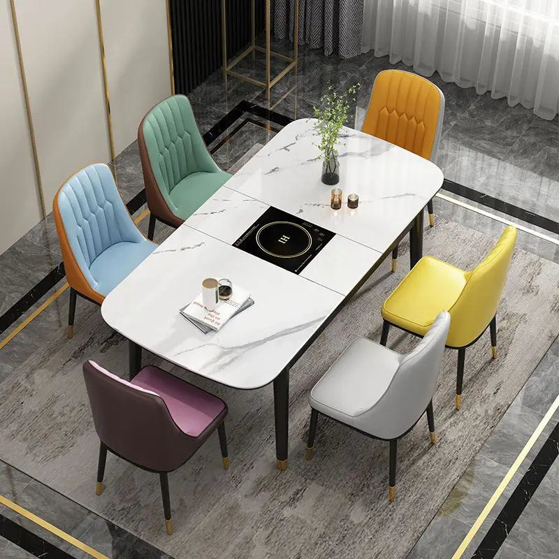 Rock slab dining table and chair combination household small apartment living room hot pot with induction cooker telescopic