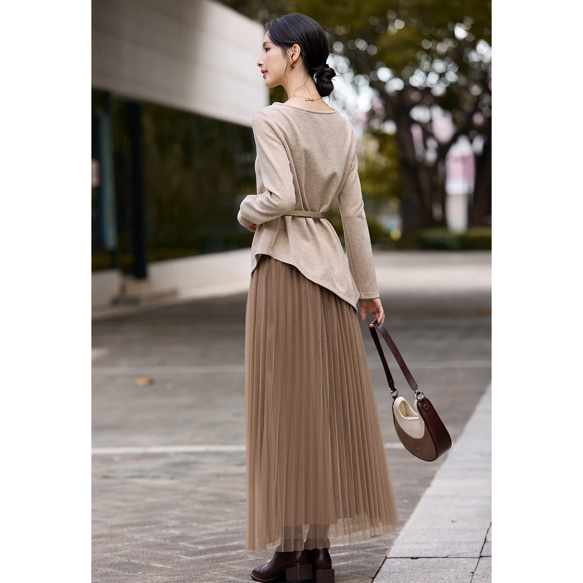 VIMLY 2 Piece Skirt Sets Woman Outfits Elegant Brown Slash Neck Tops Pleated Long Skirts Autumn 2025 Lady Two Piece Sets A3259