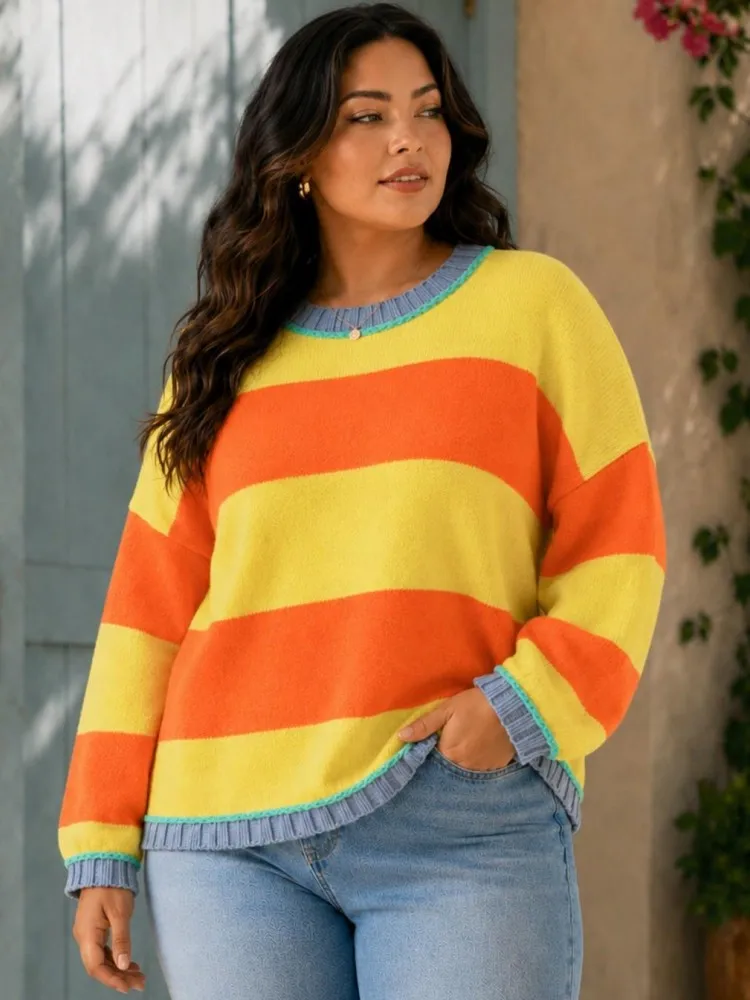 Plus Size Women's Fashionable Solid Color 0XL-4XL Sweater Pullover Tops Women's Cross O-Neck Long Sleeved Pullover Sweater