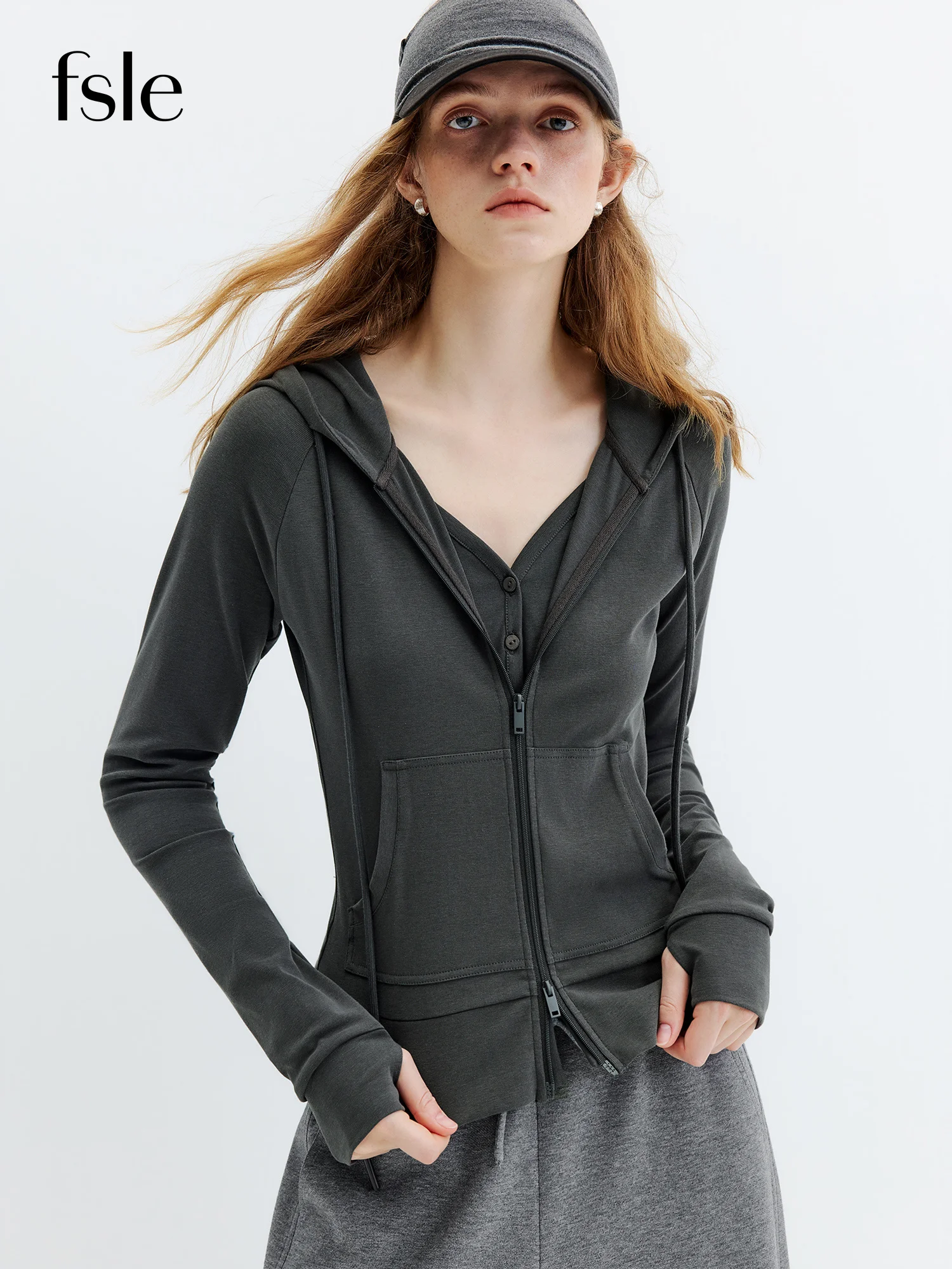 FSLE Women's Cotton Faux Two-Piece Knitted Hooded Sweatshirt Jacket 2026 Early Autumn New Style Comfortable Slim Fit