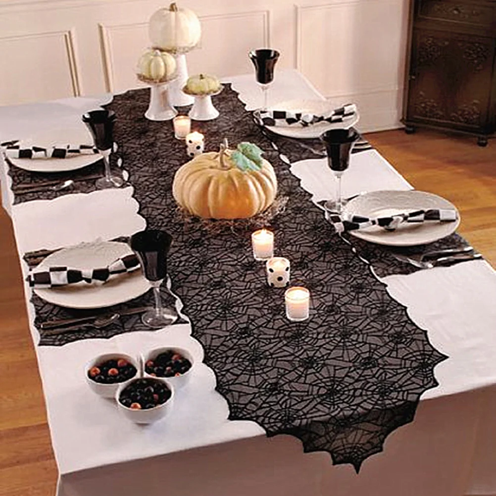 

Halloween Table Cover Runner Fashion Tablecloth Lace Spider Web Black Tablecloths