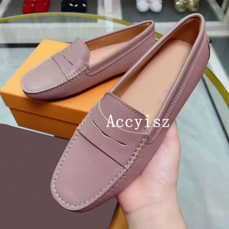 2024 Spring Autumn Real Leather Round Toe Flat Loafers Women Deep Mouth Daily Lightweight Walking Shoes Office Commuting Shoes