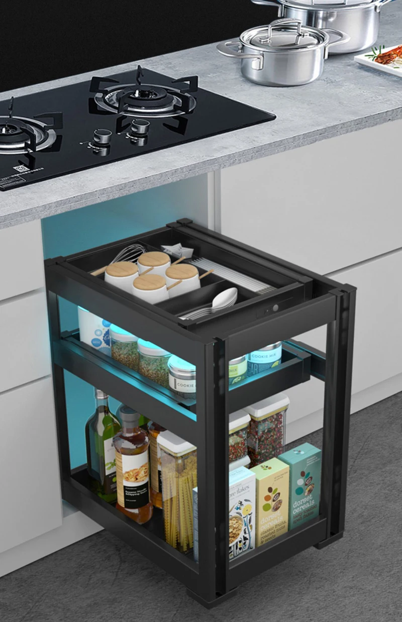 Drawer-type Kitchen Cabinet Seasoning Pull Basket All aluminum Alloy Three-layer Cabinet Storage Rack UV Smart Lighting