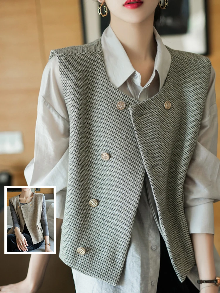 

Spring Autumn Pure Color Small Fraance Sle Vest Jaet Women's Faionable ort Svel round Ne oulder Pad Outer...