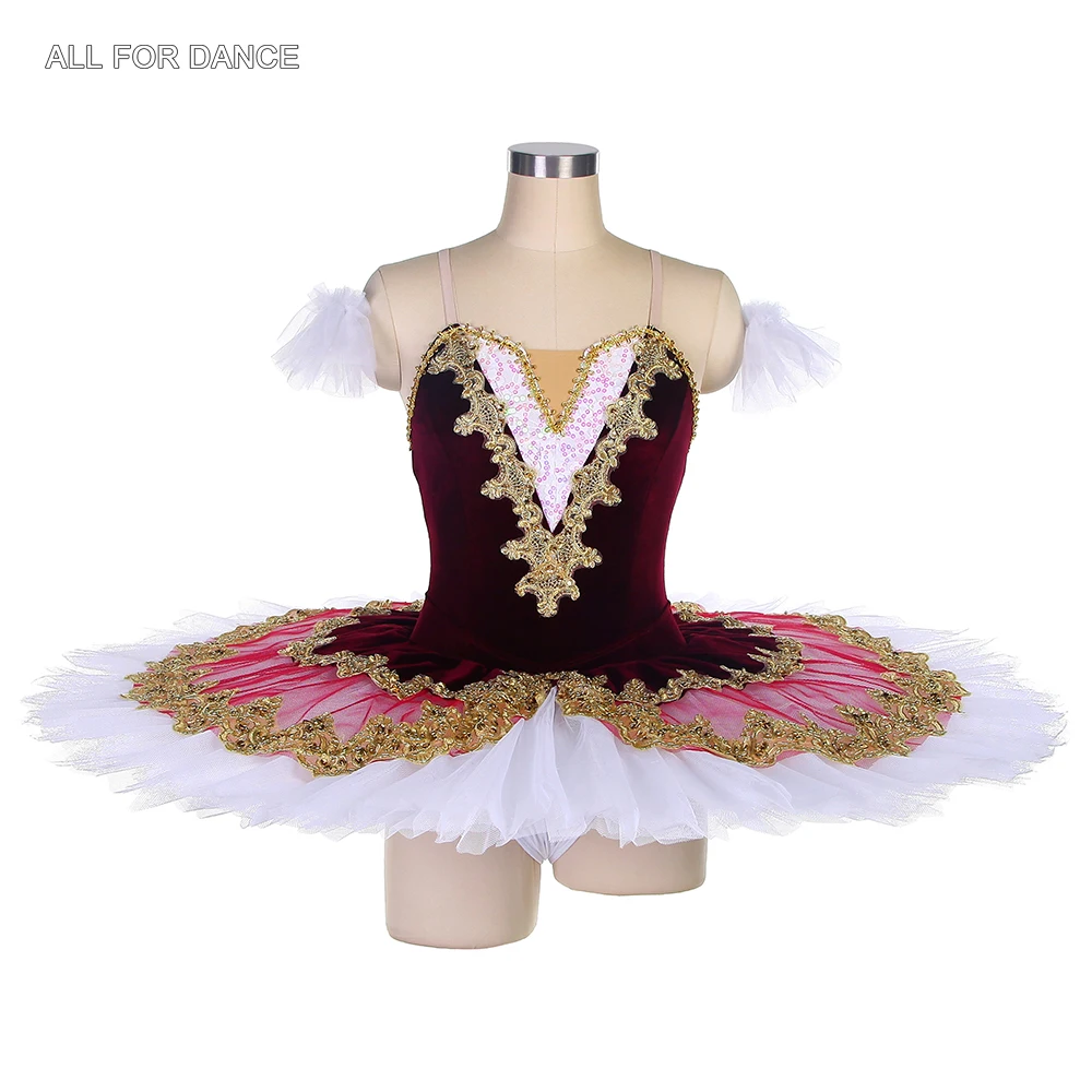 

BLL138 All For Dance Burgundy Velvet Bodice With Gold Trim Pre-professional Ballet Pancaked Dance Costume Ballerina Dance Tutu