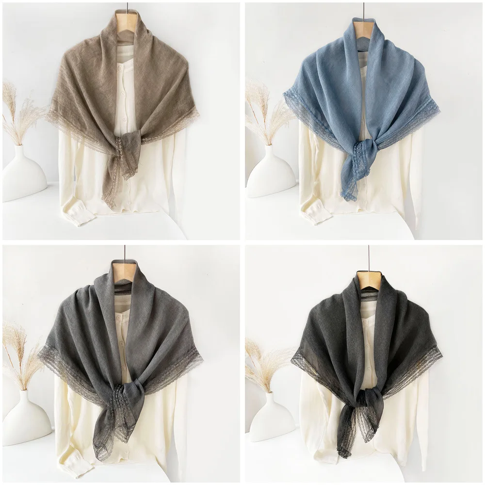

Solid color lace-trimmed square scarf, luxury headband/turban wrap, handkerchief, headscarf, women's scarf accessories