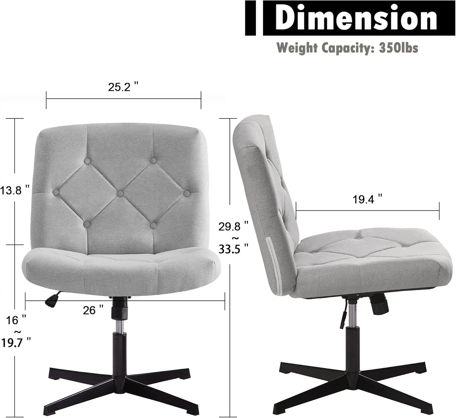 Vecelo Criss Cross Armless Office Desk Chair No Wheels Comfy Wide Fabric Padded, Modern Swivel & Height Adjustable For