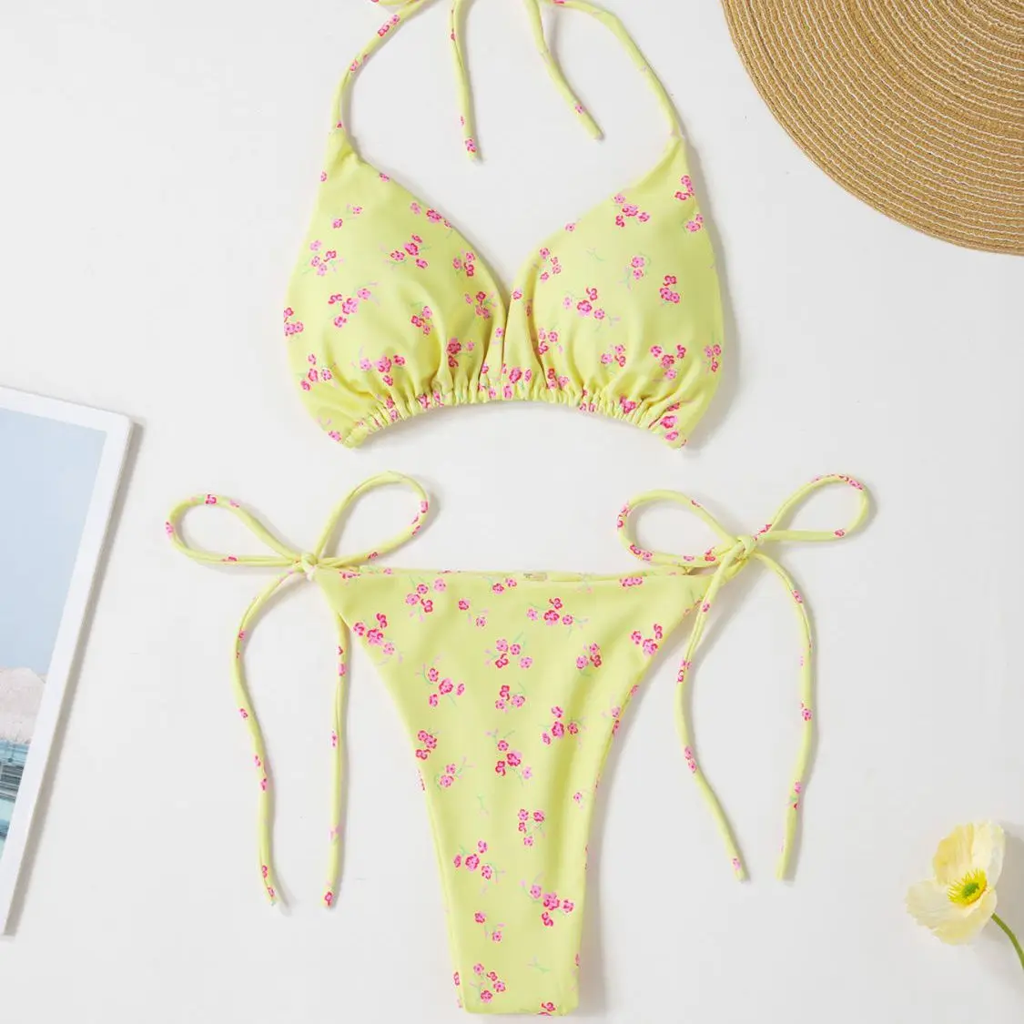 Women Light Blue Ditsy Floral Print Bikini Set Halter Tie Side Triangle Swimsuit Cute Sweet Two Piece Swimwear for Summer Beach