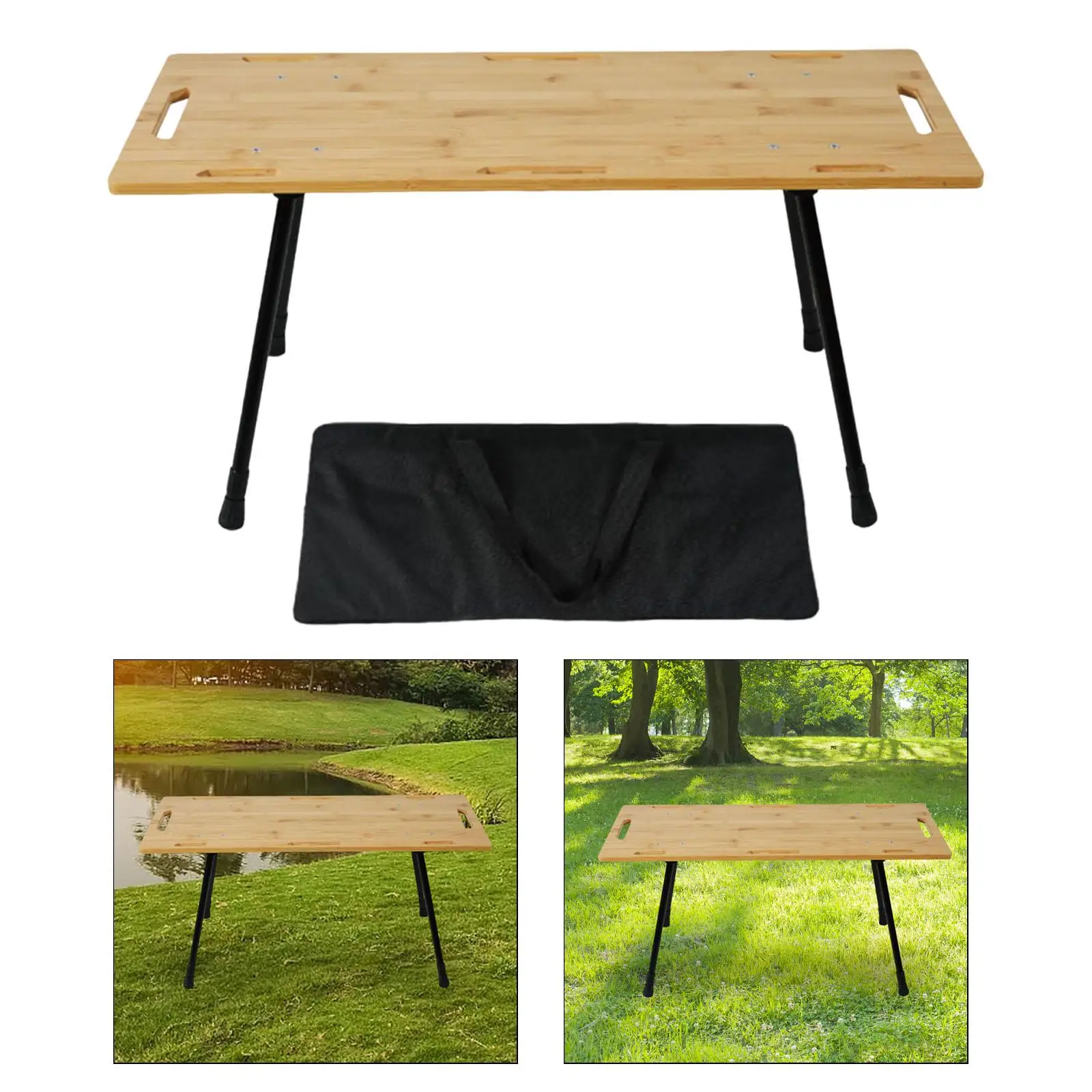 Folding Table Foldable Camping Table Bamboo Board Tabletop Stable Adjustable Height Outdoor Table for Backyard Patio Barbecue