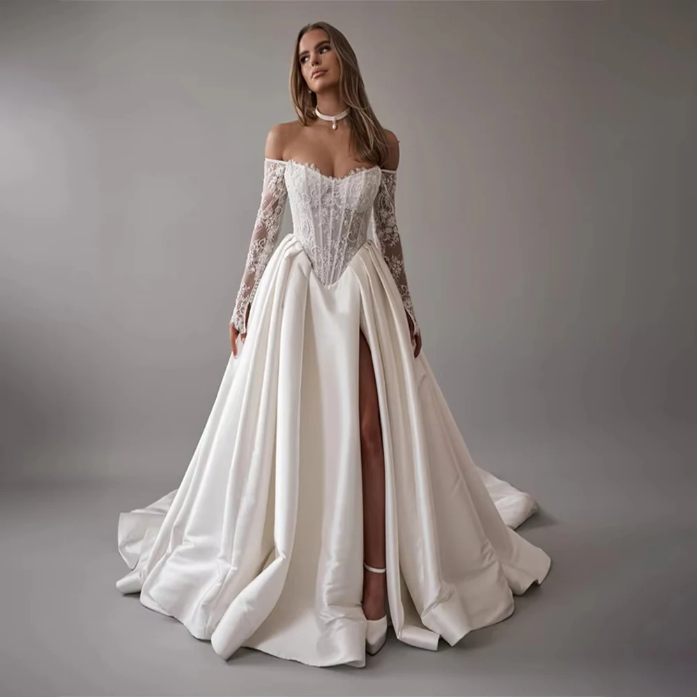 

Formal A-Line Women Wedding Dresses Off The Shoulder Lace Print Robes Mopping Length Princess Party Vestidos De Novia Customized