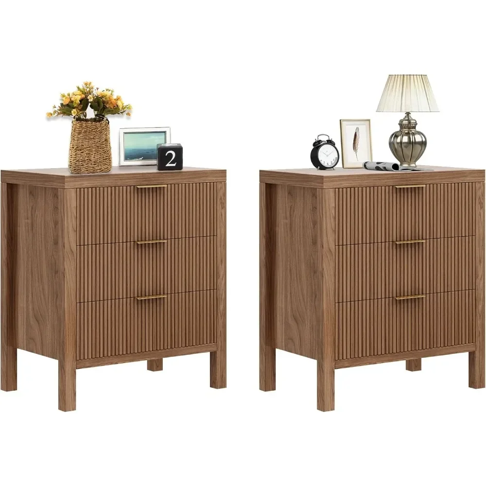 Fluted Nightstands Set of 2, Wooden Farmhouse Night Stands with 6 Drawer Bedside Table - Boho Tall End Table Accent Table