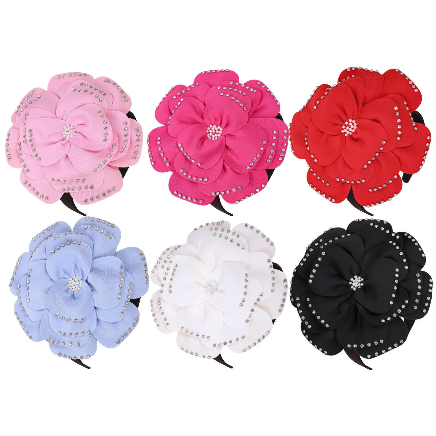 

Large 3D Flower Fascinator Hat Hairbands Lxuury Rhinestone Rivet Studded Fasicinators Cocktail Evening Party Wedding Headpiece