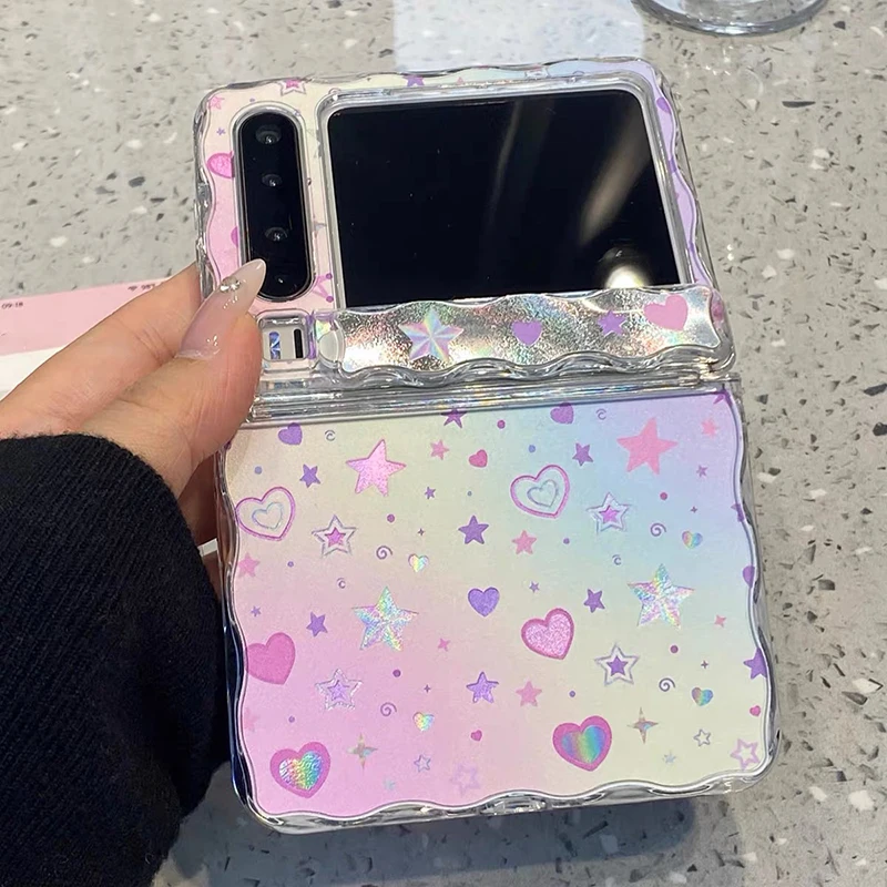 Zflip7 Case Gradient Pink Glitter Star Heart Acrylic Phone Case For Samsung Galaxy Z Flip7 Z Flip6 ZFlip5 Hinge Protective Cover