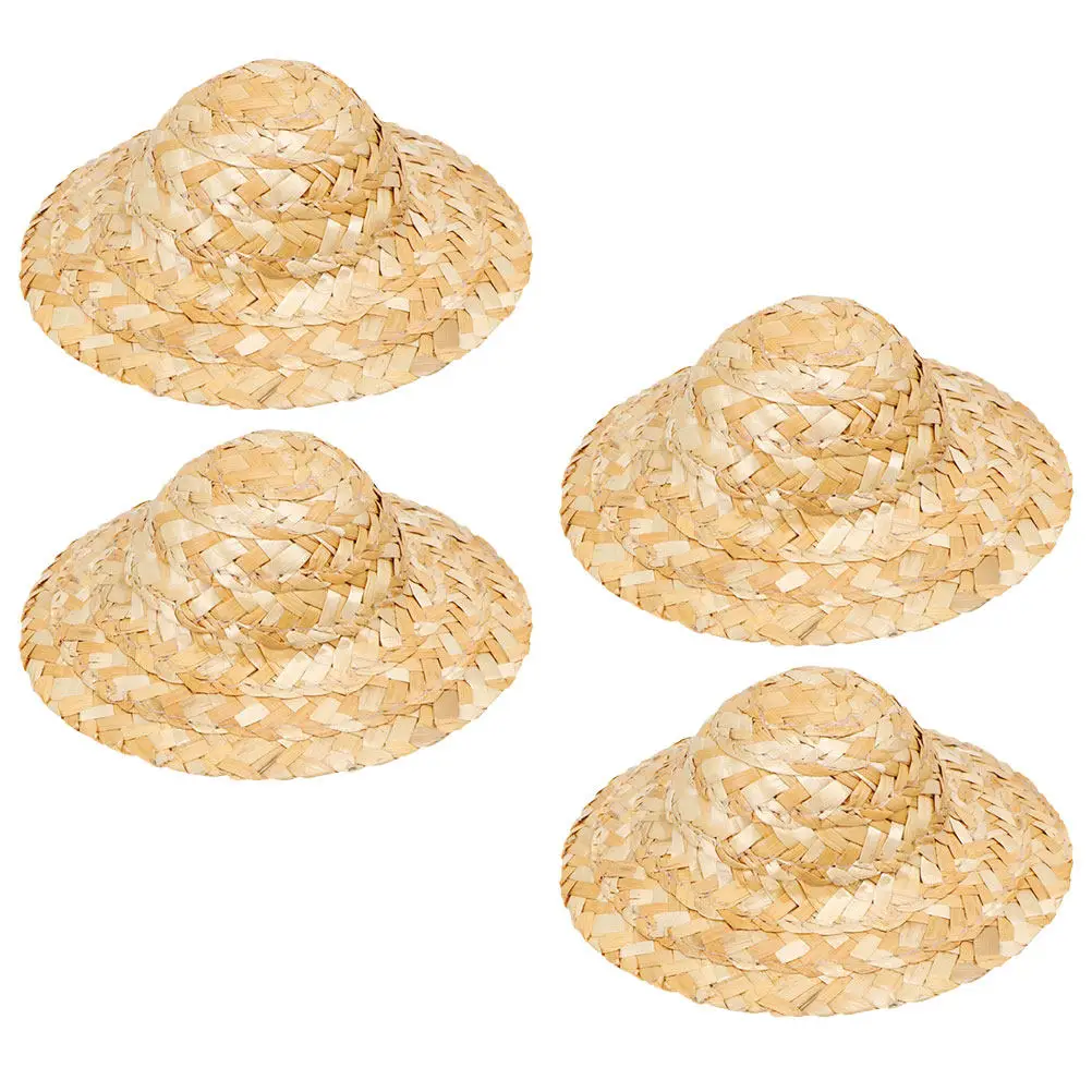 4 Peças Mini Chapéus de Palha Trançada para Artesanato DIY, Decoração, Adereço Fotográfico, Artigos para Festas Domésticas e Ornamento Miniatura